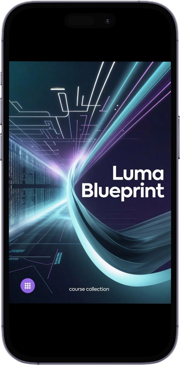 Phone displaying the Luma Blueprint app with a futuristic design on the screen.