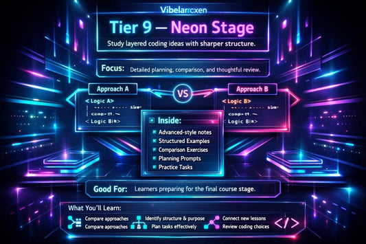 Neon-themed educational interface with coding concepts and structure.