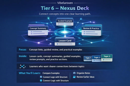 Vibelaroxen Tier 6 Nexus Deck educational tool with blue and white interface on a dark blue background
