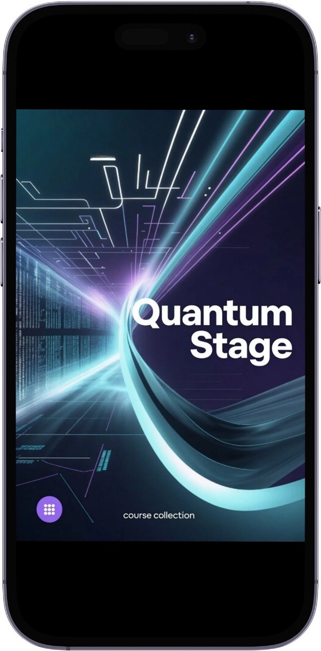 Phone displaying the 'Quantum Stage' app interface with a futuristic design.