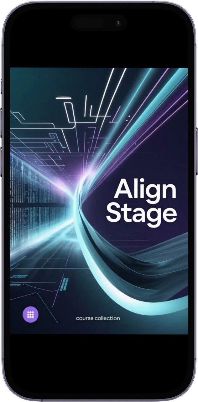 Phone displaying 'Align Stage' app interface with futuristic design elements.