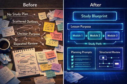 Before and after comparison of study planning with scattered notes and a structured blueprint.