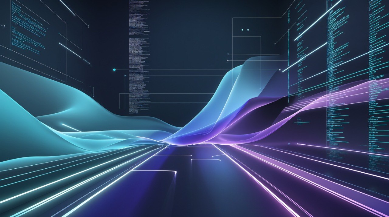 Futuristic digital interface with glowing blue and purple lines on a dark background