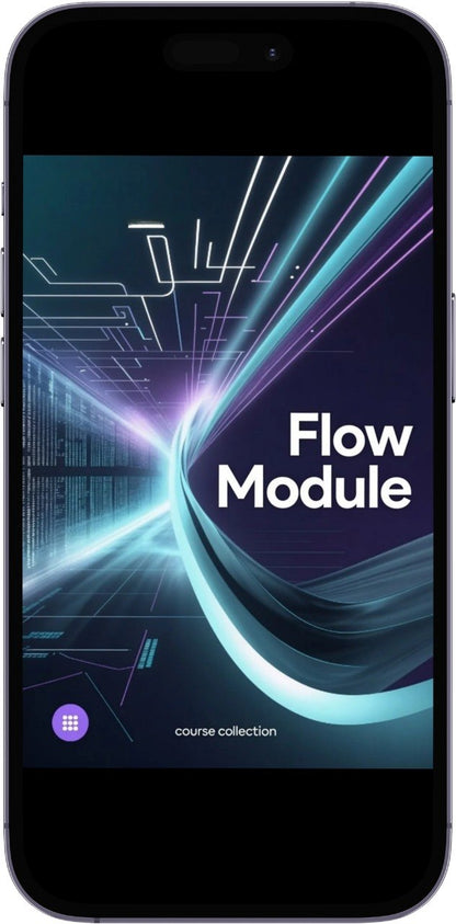 Phone displaying a 'Flow Module' course collection with futuristic design elements.