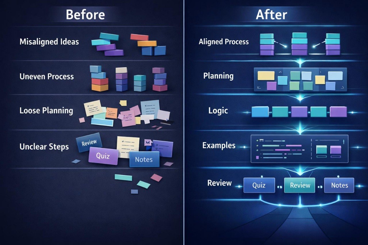 Before and after comparison of project management processes with colorful diagrams.