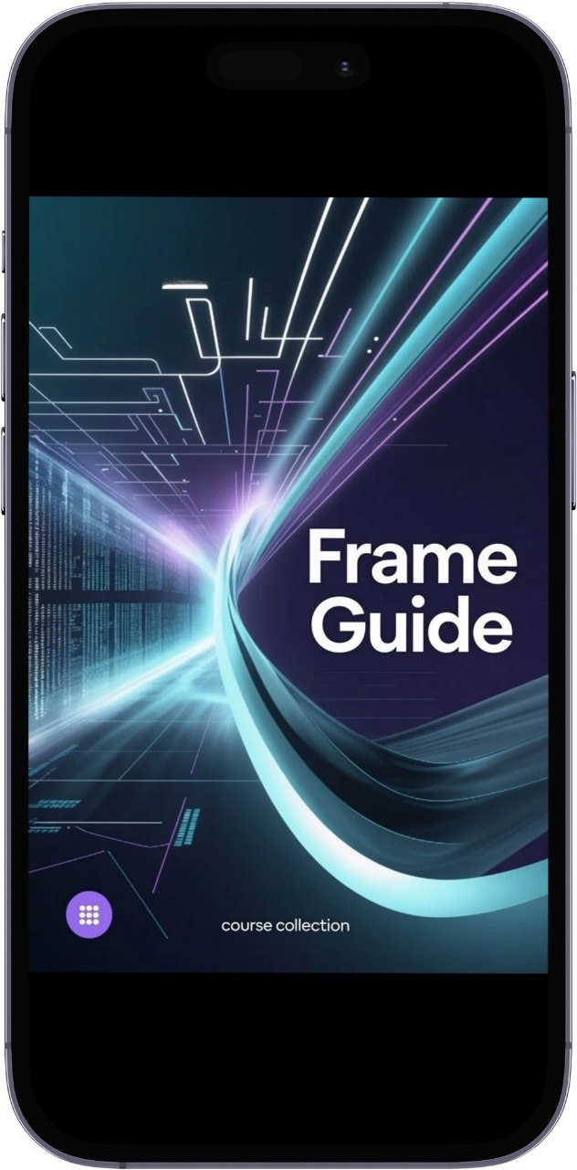 Phone screen displaying a 'Frame Guide' with futuristic design elements.