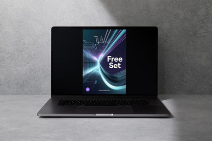 Laptop with a screen displaying 'Free Set' on a gray background
