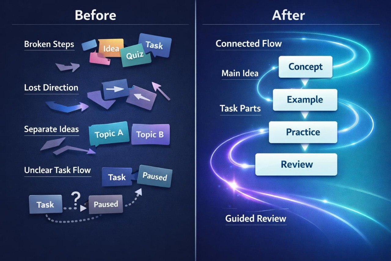 Before and after comparison of task flow diagrams on a blue background