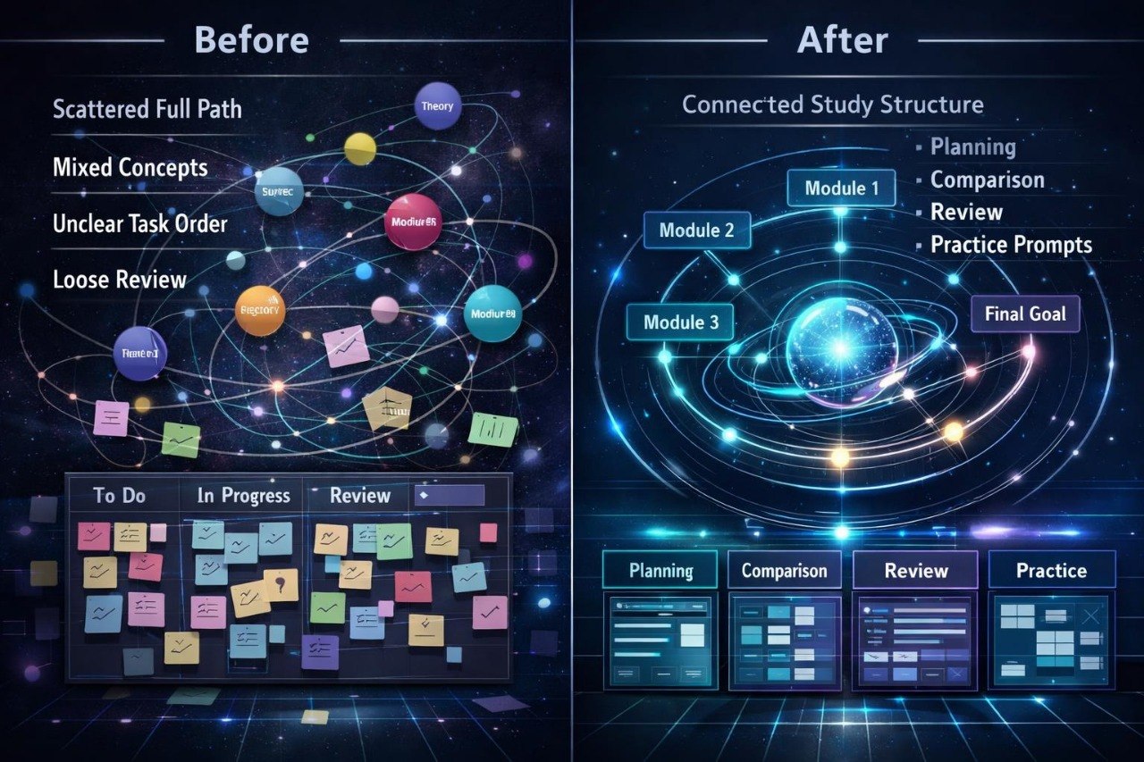 Before and after comparison of a study structure diagram with colorful sticky notes.