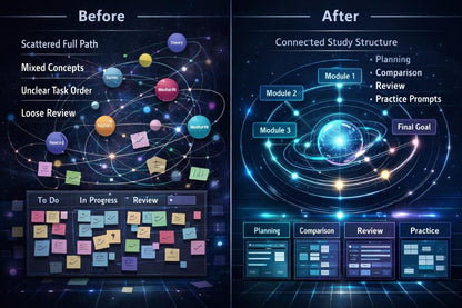 Before and after comparison of a study structure diagram with colorful sticky notes.