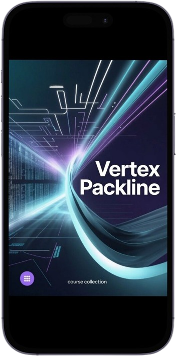 Smartphone displaying the 'Vertex Packline' app with a futuristic design on the screen.