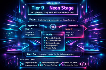 Neon-themed educational interface with coding concepts and structure.