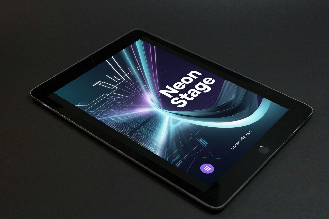 Tablet displaying 'Neon Stage' app on a dark background