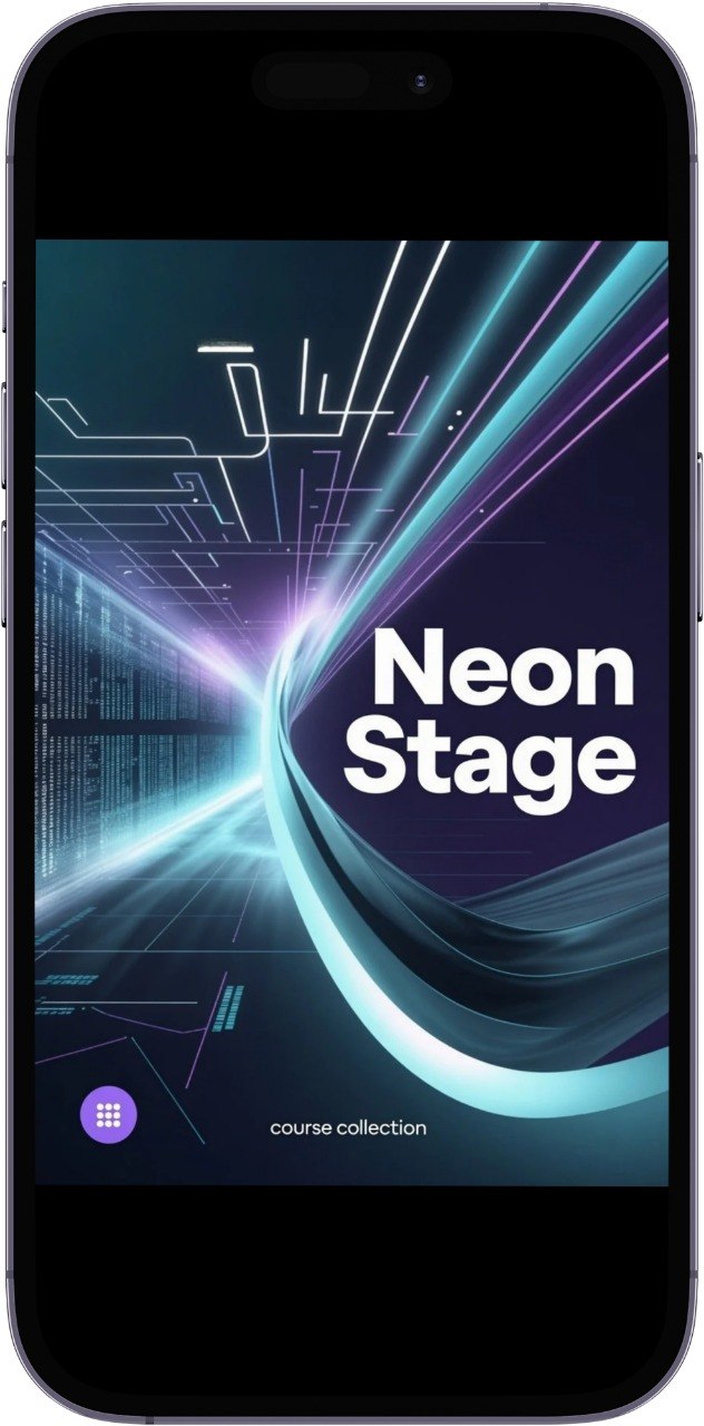 Phone displaying 'Neon Stage' app interface with futuristic design elements.
