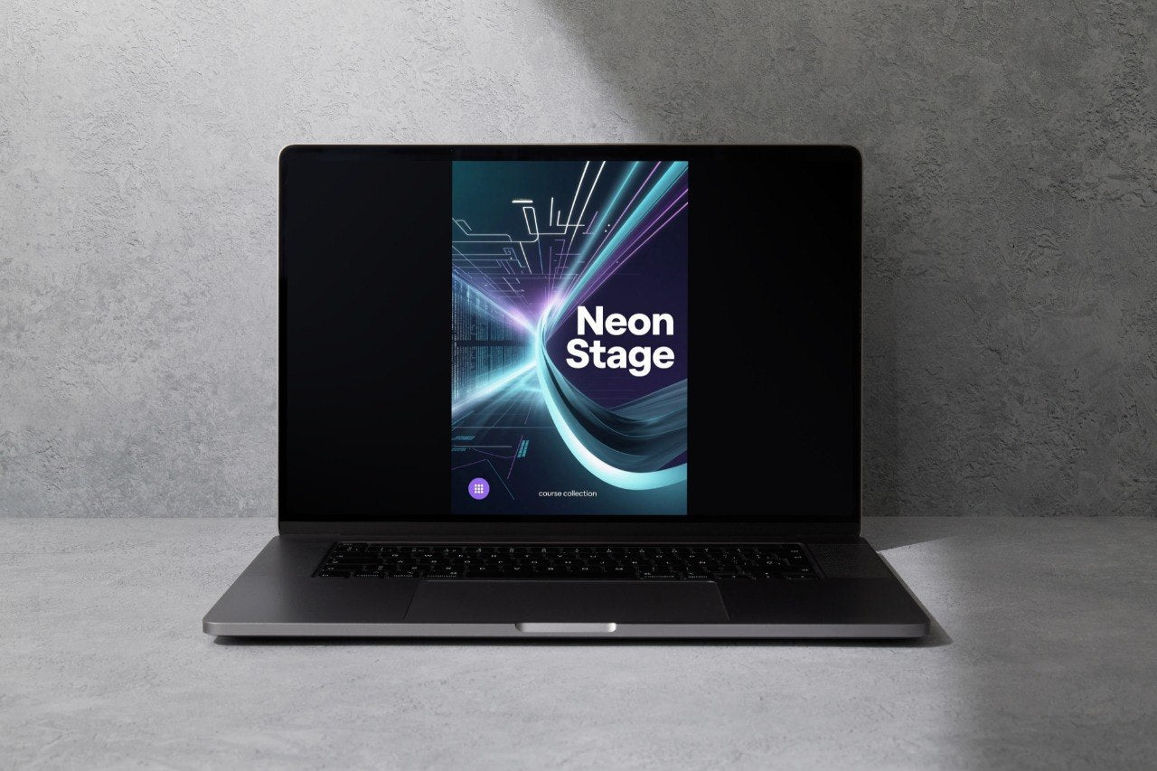 Laptop with 'Neon Stage' app on screen against a gray background