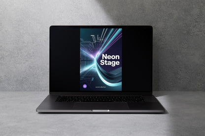 Laptop with 'Neon Stage' app on screen against a gray background