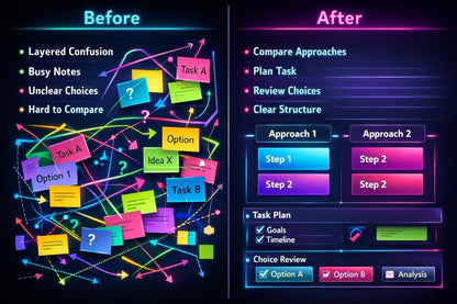 Comparison of 'Before' and 'After' organizational methods with colorful notes and structured steps.