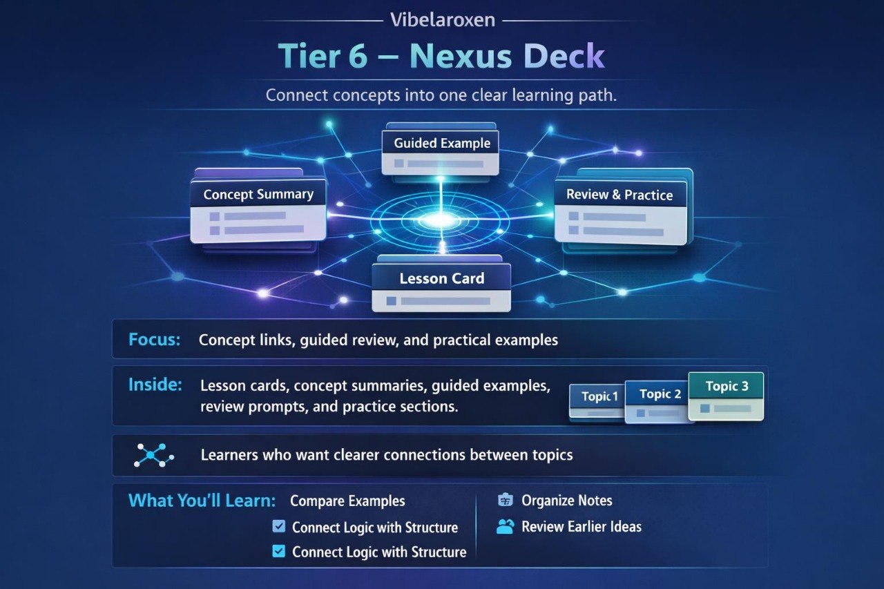 Vibelaroxen Tier 6 Nexus Deck educational tool with blue and white interface on a dark blue background
