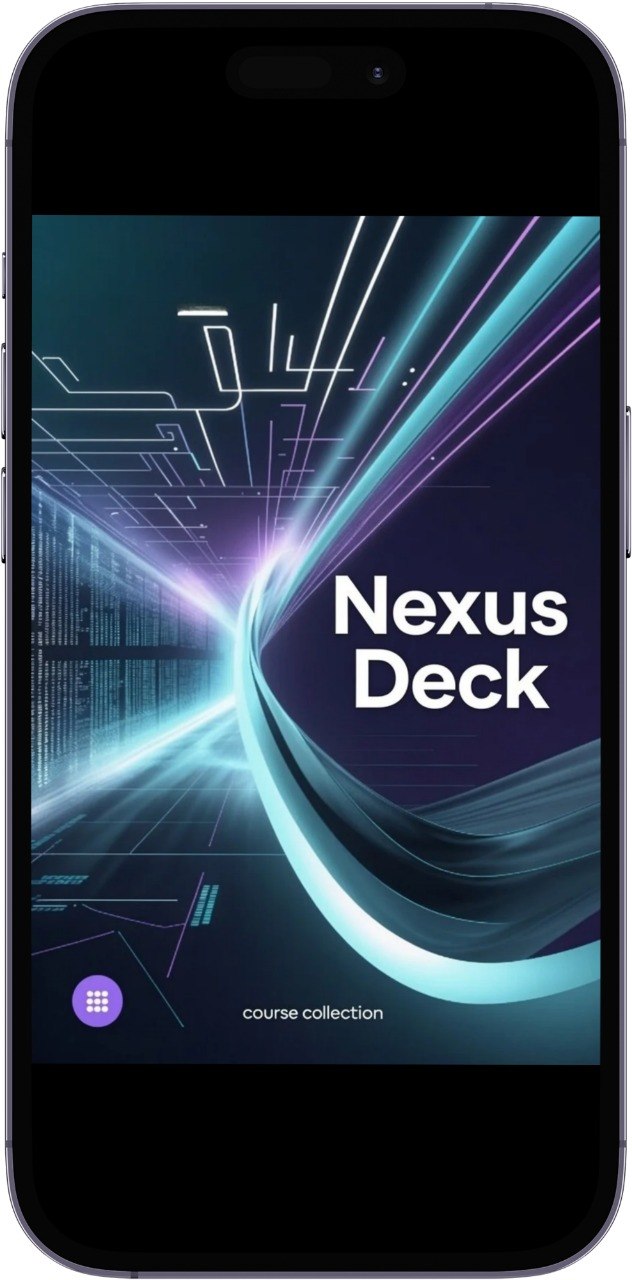 Phone displaying the 'Nexus Deck' app with a futuristic design on the screen.