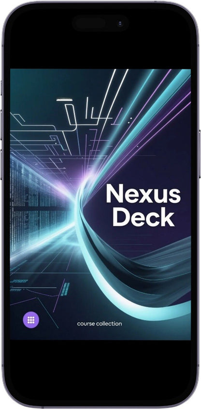 Phone displaying the 'Nexus Deck' app with a futuristic design on the screen.