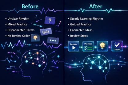 Before and after comparison of educational system design with brain illustrations and icons.