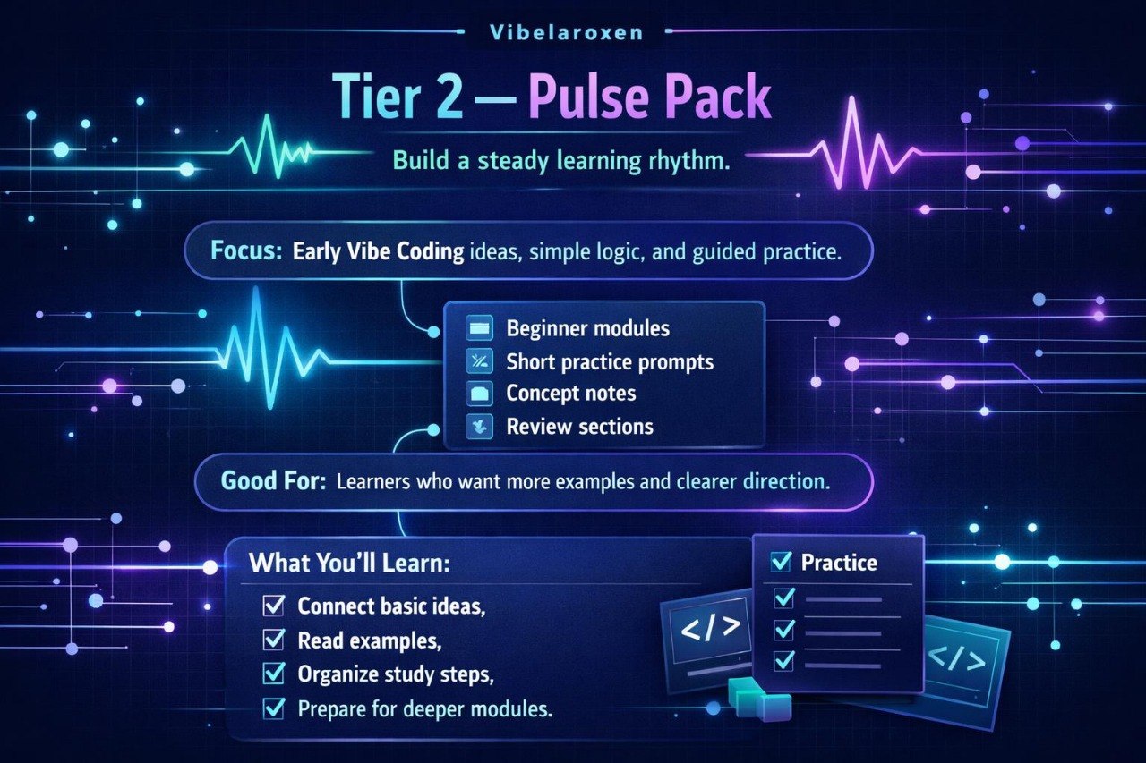 Vibelaroxen Tier 2 Pulse Pack description on a dark background with blue and purple graphics.