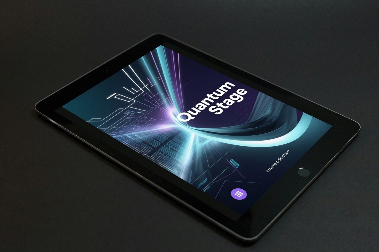 Tablet displaying 'Quantum Stage' on a dark background