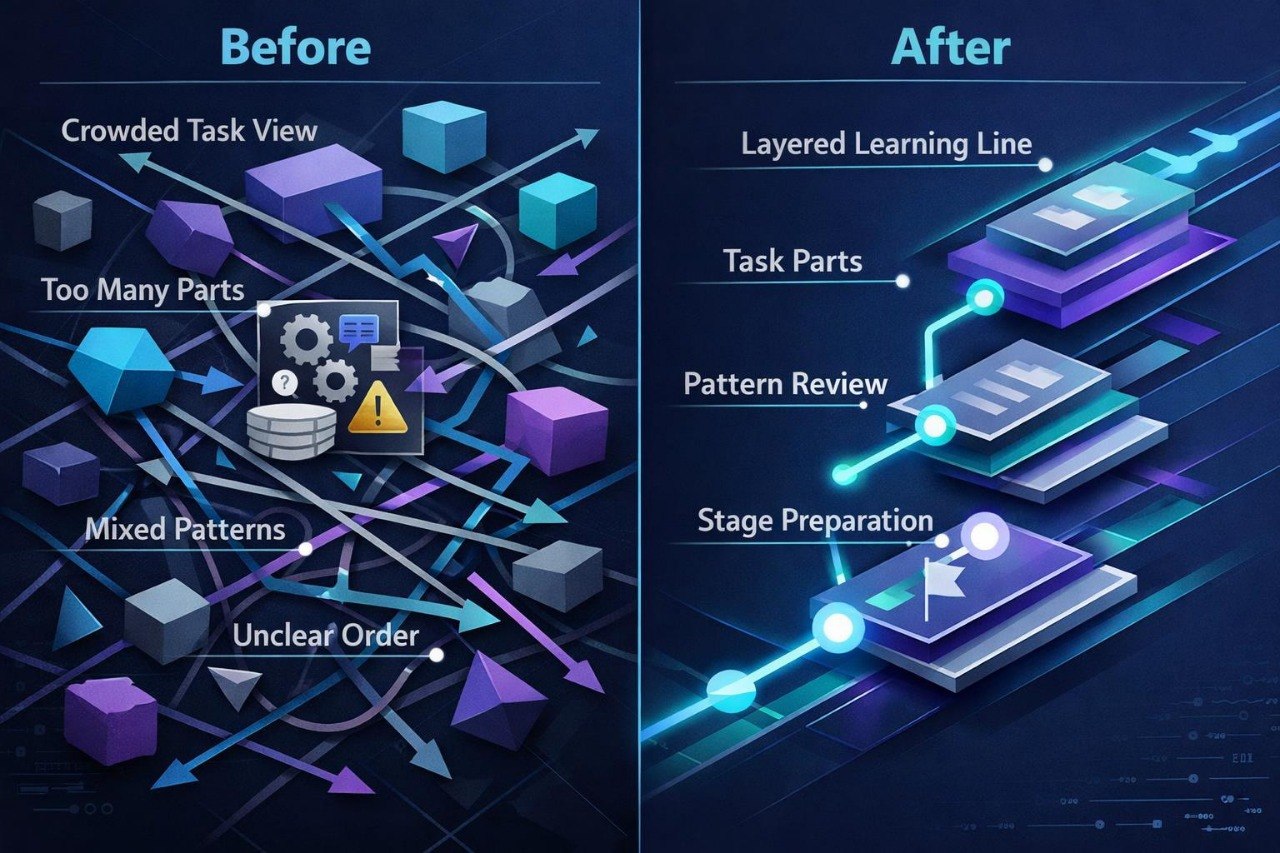 Before and after comparison of task organization with layered learning line and clear stages.